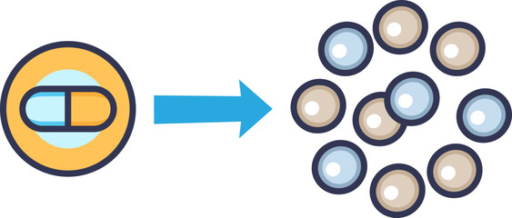An icon of a pill transforms into multiple smaller molecules, representing drug metabolism. This illustrates the breakdown of a parent drug into its various metabolites within the body.