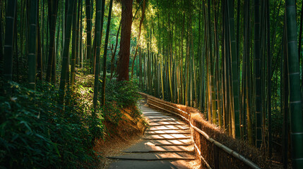 Obraz premium Bamboo forest path wallpaper background nature green landscape zen garden serene tranquil asian travel
