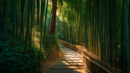 Obraz premium Bamboo forest path nature landscape tranquil scene zen garden peaceful walkway green trees sunlight 100