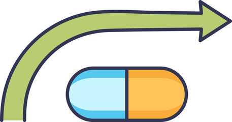 An icon of a pill with an arrow curving over it, symbolizing drug efficacy and treatment potential. Represents pharmaceutical progress, medication effectiveness, and positive therapeutic outcomes.