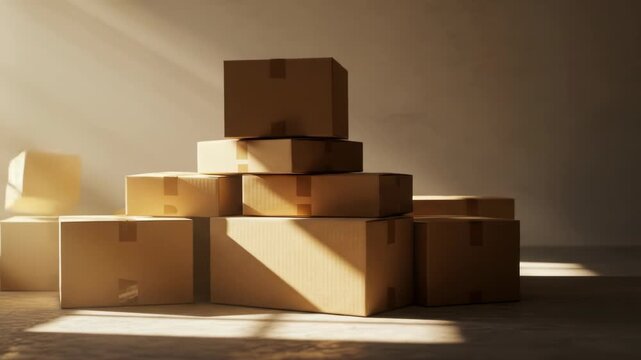 A stack of cardboard boxes sit in a room, one appears to be falling. Sun beams shine down, illuminating the setting