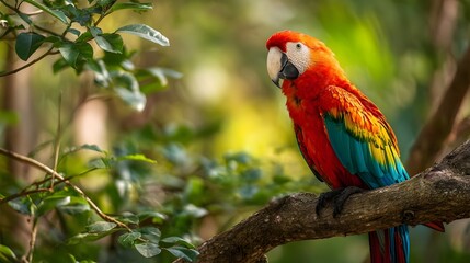 Obraz premium Colorful parrot on a tree branch in a tropical forest, vibrant and sunlit. Concept : Wildlife photography, tropical nature, exotic birds, vibrant colors, natural habitat, tropical ecosystem.