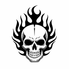 Flaming Skull Images Vector. Black white Skull Fire Flames Vector Image on white background.