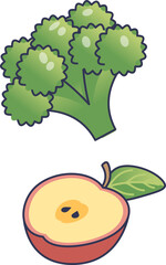 An illustration of broccoli and a sliced apple, two excellent sources of dietary fiber. This image represents a healthy, nutritious diet for digestive wellness and gut health.