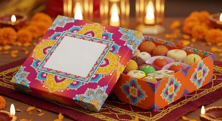 Photo of a colorful box of indian sweets for diwali celebration with candles and marigolds