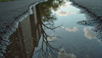 Tree reflection in puddle on asphalt after rain