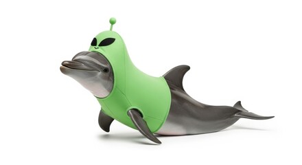 Naklejka premium dolphin dressed in a green alien costume, Funny extraterrestrial Halloween costume, white background
