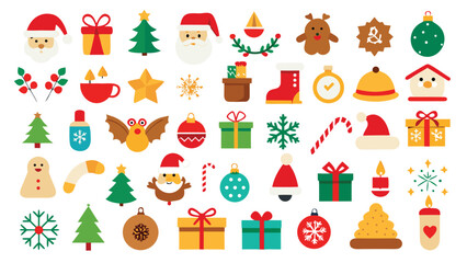 Festive Christmas Icons and Elements Collection with Santa Claus Gifts and Ornaments