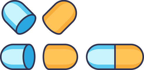 A vector illustration of a blue and yellow oral drug capsule, shown both assembled and separated into its two halves. Symbolizes medicine, pharmacy, and drug formulation.