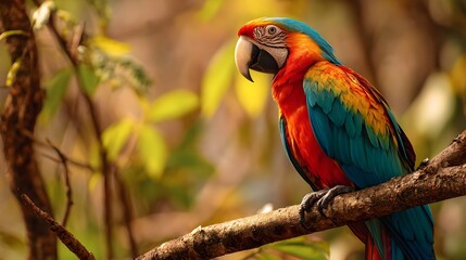 Obraz premium Colorful parrot on a tree branch in a tropical forest, vibrant and sunlit. Concept : Wildlife photography, tropical nature, exotic birds, vibrant colors, natural habitat, tropical ecosystem.