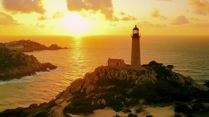 Naklejka premium Majestic lighthouse bathed in golden light stands sentinel over rocky coastline at sunset