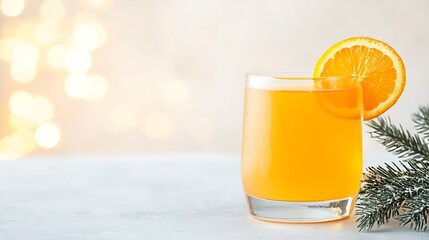 Refreshing orange juice with a festive fir branch and orange slice