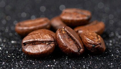 Obraz premium Macro shot of roasted coffee beans on a sparkly with dark background.