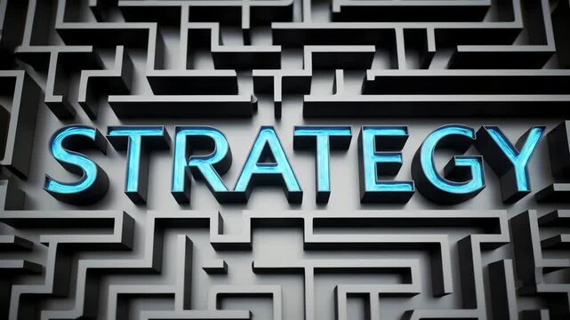 Blue word STRATEGY embedded in grey maze, symbolizes complex planning, problem-solving, and path to success