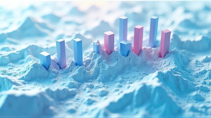 Abstract Blue and Pink Bar Graph on Scenic Mountain Landscape with Soft Lighting for Data Analysis and Business Presentation