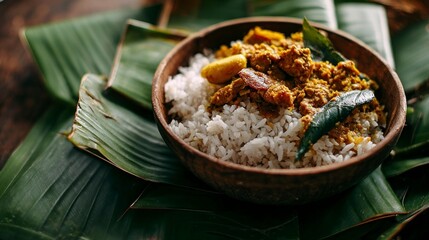 Curry rice dish on banana leaves