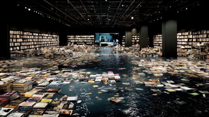 Abandoned library with flooded floor and floating books in dark cinematic atmosphere, wide shot perspective conveying post-apocalyptic or alien environment concept with dramatic lighting and eerie moo
