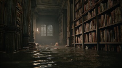 Abandoned library with flooded floor and floating books in dark cinematic atmosphere, wide shot perspective conveying post-apocalyptic or alien environment concept with dramatic lighting and eerie moo