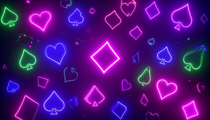 A vibrant, neon-lit display of various playing card symbols against a dark background, showcasing a lively and energetic mood.