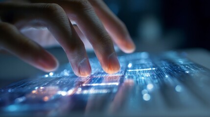 Hands typing glowing futuristic keyboard