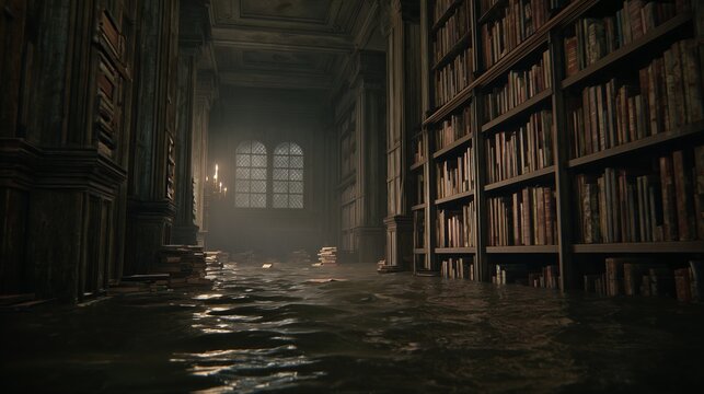 Abandoned library with flooded floor and floating books in dark cinematic atmosphere, wide shot perspective conveying post-apocalyptic or alien environment concept with dramatic lighting and eerie moo