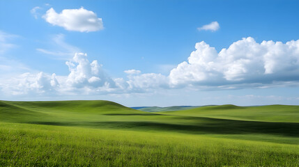 Obraz premium Serene Landscape: Green Field Under Blue Sky with Fluffy Clouds