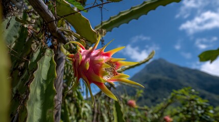 Dragon fruit growing on vine