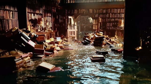 Abandoned library with flooded floor and floating books in dark cinematic atmosphere, wide shot perspective conveying post-apocalyptic or alien environment concept with dramatic lighting and eerie moo
