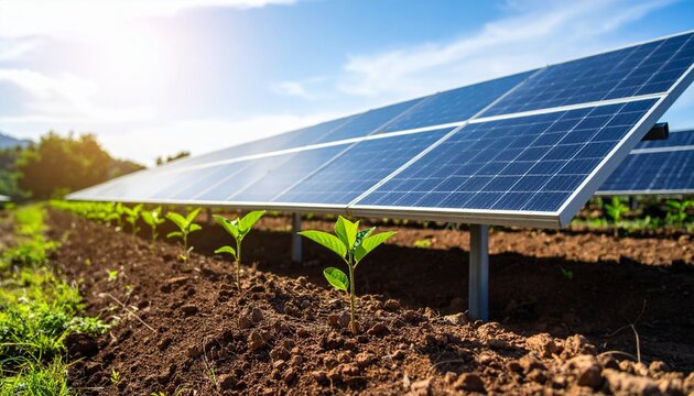 Solar panels installed on agricultural farmland, with young green plants growing underneath in an innovative agrivoltaics system.