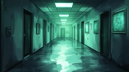 Ominous hospital corridor with eerie green glow offers a sense of isolation and unease