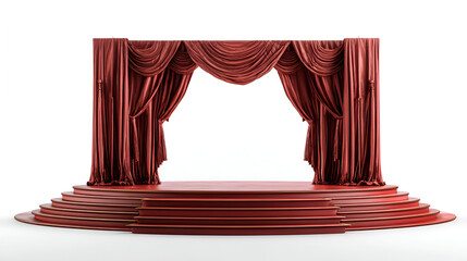 Red stage with draped curtains and steps ready for a grand event
