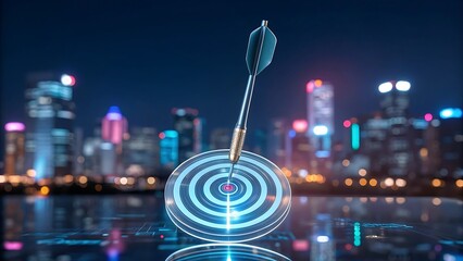 Metallic arrow hitting target center cityscape dart