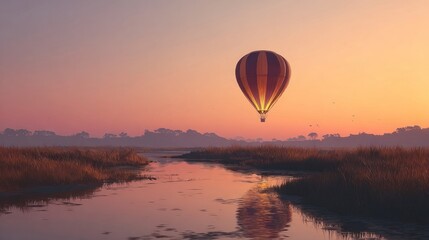 Fototapeta premium Hot air balloon over river sunrise