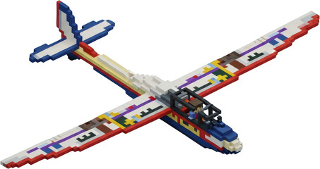 Detailed voxel art glider aircraft with colorful patterned wings and pilot figure aviation flight airplane transparent background