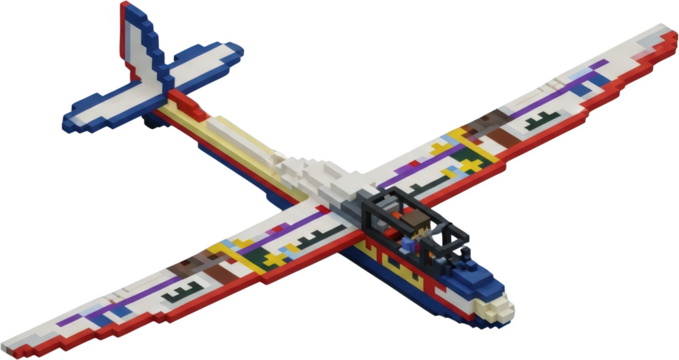 Detailed voxel art glider aircraft with colorful patterned wings and pilot figure aviation flight airplane transparent background - Powered by Adobe