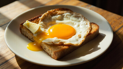 Golden Yolk Egg on Toast for Breakfast, Classic Morning Plate with Egg and Buttered Toast, Delicious Sunny Side Up Egg on Rustic Bread