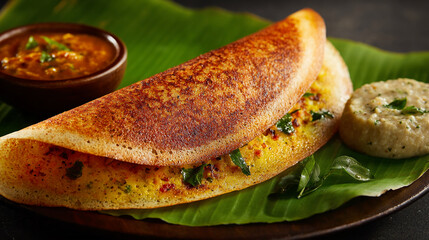Delicious masala dosa south indian food served with chutney and sambar on banana leaf plate closeup view