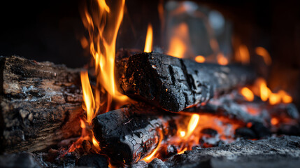 Close Up of Burning Wood Logs in a Cozy Fireplace