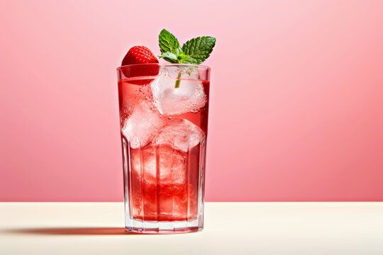 Refreshing summer cocktail or mocktail served in clear glass filled with ice, garnished with strawberry and mint leaves, set against soft pink background, creating vibrant and inviting atmosphere