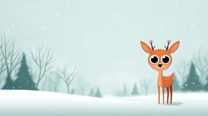Fototapeta premium Cute Cartoon Deer in Snowy Forest
