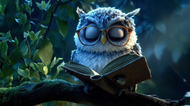Wise owl reading a book under moonlit forest