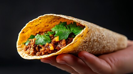 Delicious ground beef taco held in hand with fresh cilantro