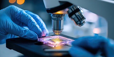 Close-up of scientist in lab coat examining a sample under a microscope