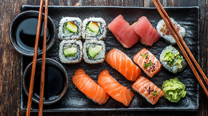 Delicious sushi platter with salmon tuna avocado rolls and soy sauce on a dark wooden table top view photo
