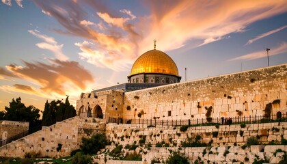 Obraz premium Golden dome at sunset over ancient walls