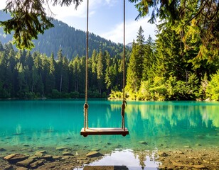 Idyllic alpine lake scene with a rustic wooden swing suspended over turquoise water