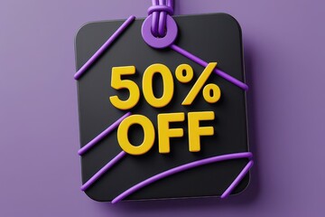 3D Black Tag With 50 Percent Off Text And Purple Accents sale discount