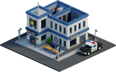 Isometric voxel police station building with police car parked outside Isolated law enforcement justice