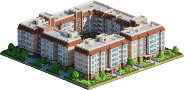 Isometric view of a multi story apartment building with a courtyard and surrounding greenery isolate
