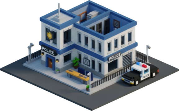 Isometric voxel police station building with police car parked outside Isolated law enforcement justice